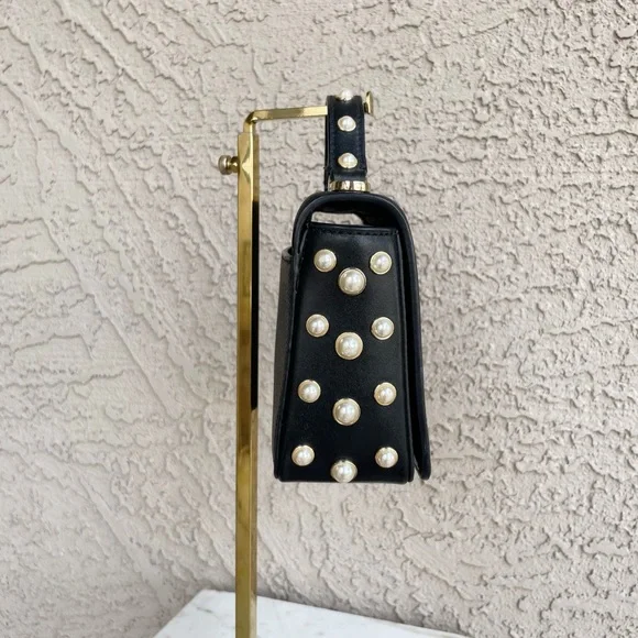 KATE SPADE Black Glitter Leather Serrano Place Pearl Mini Satchel Crossbody Bag